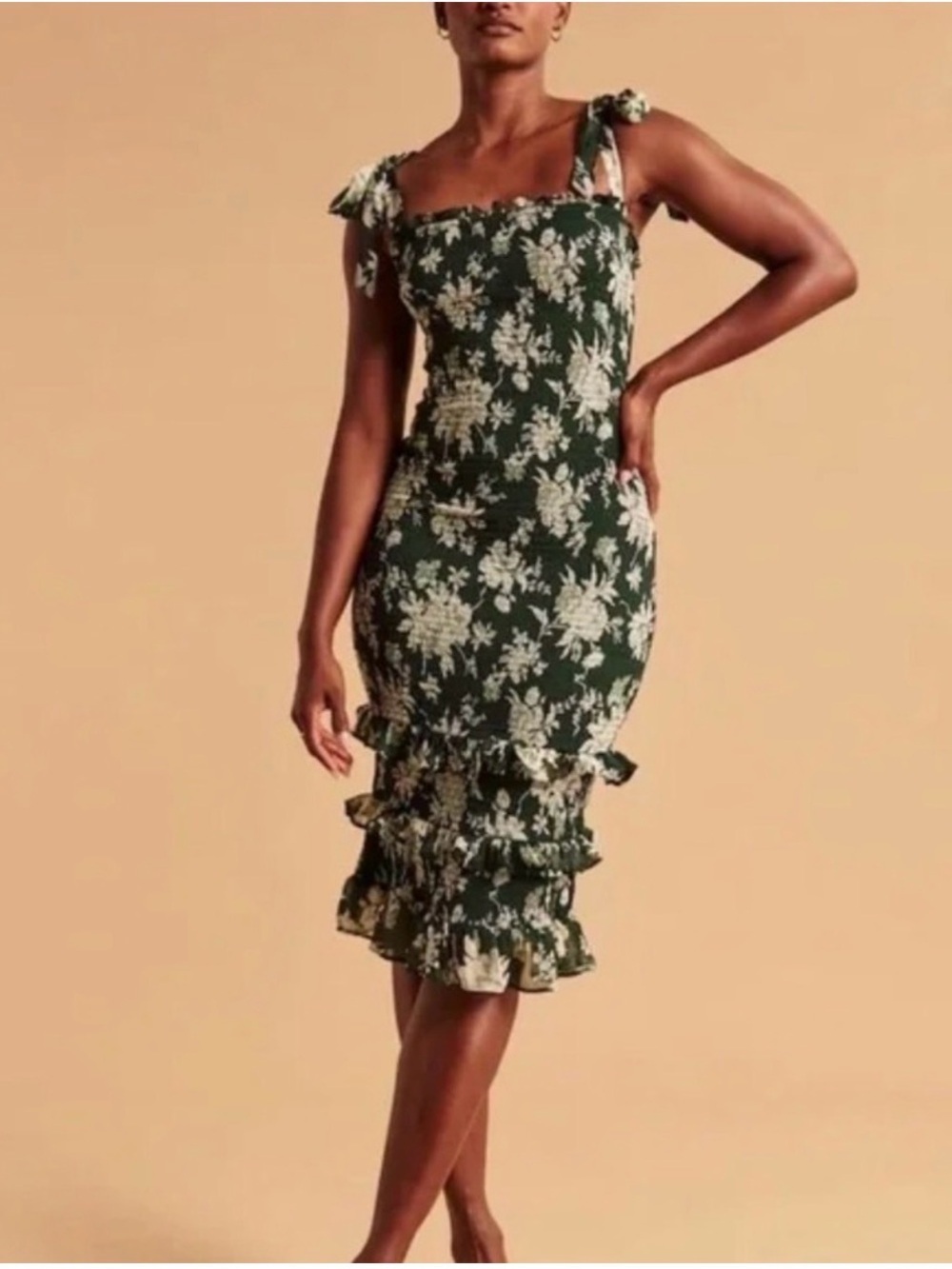 Abercrombie Fitch Green Floral Smocked Bodycon Sleeveless Midi Dress Women’s M